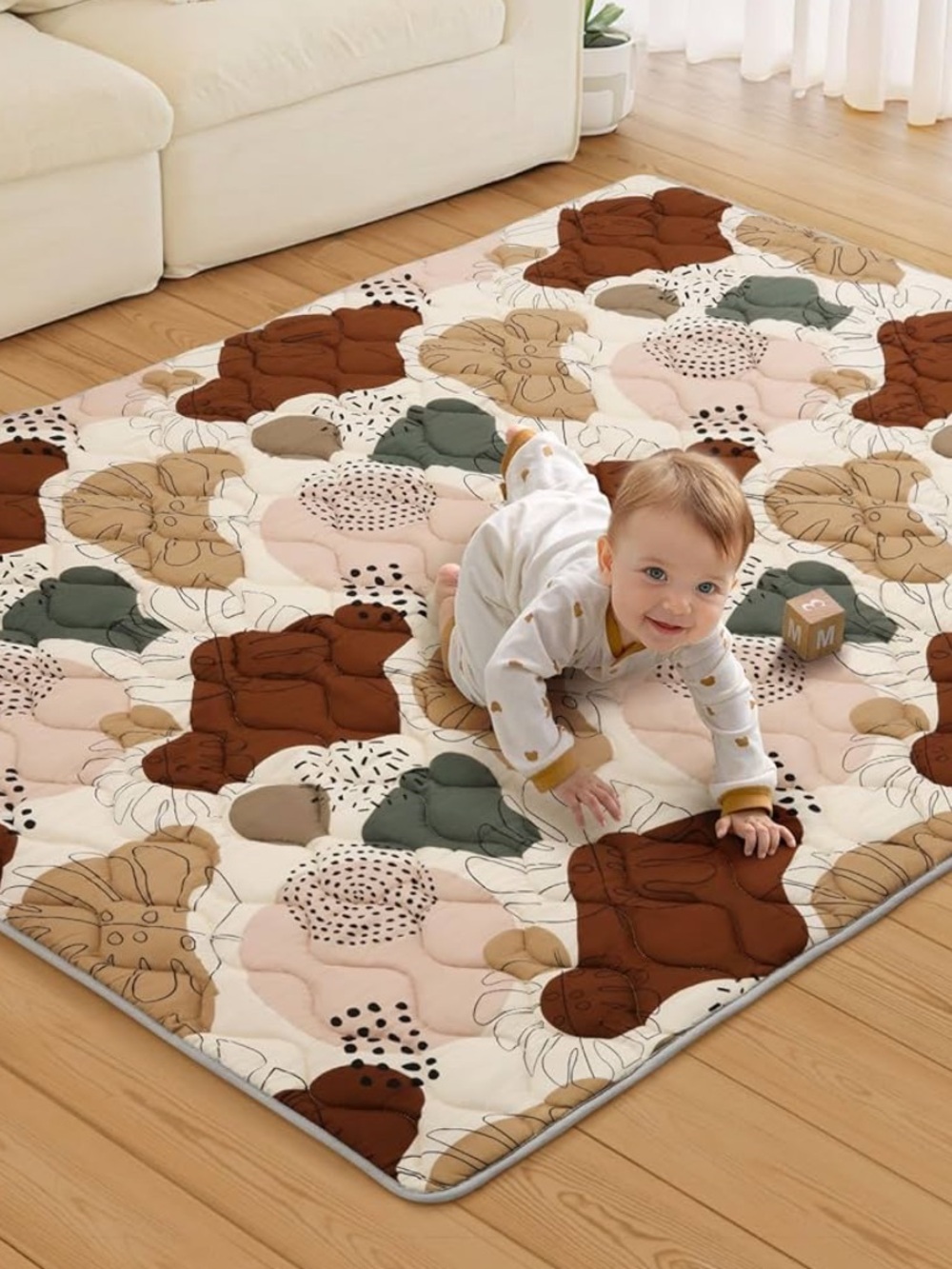 Baby Play Mat with Abstract Floral Patchwork - Brown, Green, Cream
